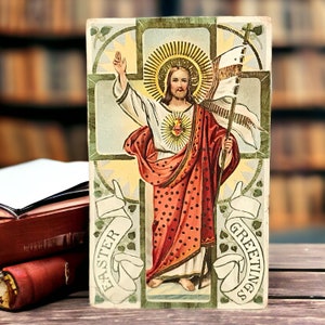 Antike religiöse Ostergrußkarte, das Kreuz und das Heiligste Herz von Jesus Christ, Vintage heilige Postkarte zum Anzeigen oder Geschenk für die Osterzeit