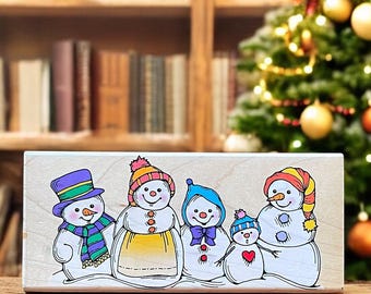 Vintage Snowpeople Border rubber stamp by Hero Arts, used and wood mounted design, make your own snowman family Christmas greeting cards