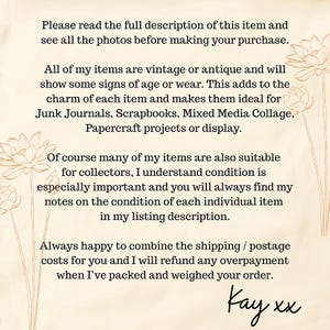 May include: A cream-colored informational graphic with dark brown text featuring lotus flower illustrations on the left and right sides. The text provides instructions to read the full description, notes on vintage item condition, and shipping policies.