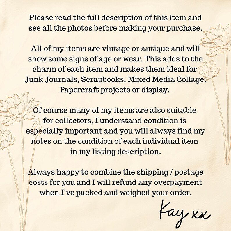 May include: A cream-colored informational graphic with dark brown text featuring lotus flower illustrations on the left and right sides. The text provides instructions to read the full description, notes on vintage item condition, and shipping policies.