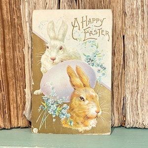 Cartão postal da série de coelhos de Páscoa antigos, coelhinhos marrons e brancos com ovo roxo e lindos miosótis azuis em um cartão vintage de Feliz Páscoa