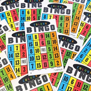 Cartes de bingo en couleur, lot de trois cartes de loto multicolores vintage, journal de bordel, albums de coupures, art altéré et fournitures de collage techniques mixtes