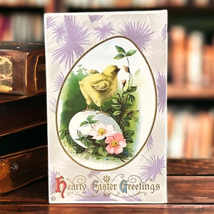 Vintage Easter Egg and Chick postcard with Hearty Greetings, a pretty rose floral card for spring and Eastertime, frame and display or gift