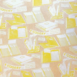 French vintage ledger endpaper for junk journaling and bookbinding, large yellow pages illustrated with office stationery and printers logo