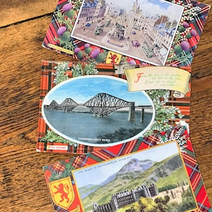 Vintage Royal Stewart Clan Tartan Postkarten, Schottische Karten für Familiennamen Genealogie, mit malerischen Ansichten von Schottland, Heide und Disteln