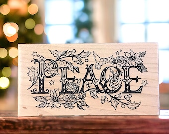 Vintage PSX Christmas Peace rubber stamp, used and wood mounted  from Personal Stamp Exchange, make your own Christmas cards and tags