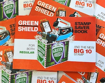 Vintage Green Shield Stamp Saver Book, a 1970s booklet for collecting both regular and new BIG 10 trading stamps, to be exchanged for goods