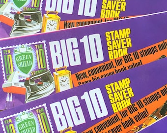 Vintage Trading Stamp Saver Book, a 1970s purple booklet for collecting the large BIG 10 Green Shield Stamps, junk journal ephemera supply
