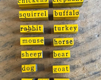 Vintage Animal Names Rubber Stamps, 1930s wood mounted words, use for junk journaling, mixed media crafts, bullet journals and cards