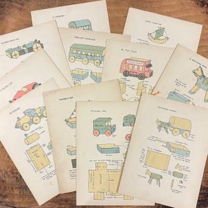 The Toymaker Cards von Helen M Angus seltener Satz von Vintage-Farbkarten mit Designs für die Herstellung von Kinderspielzeug aus Streichholzschachteln