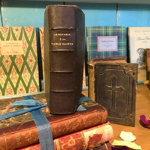 19th century French book of prayer and litanies, antique Catholic text for first communion, leather bound and illustrated, Bible journaling