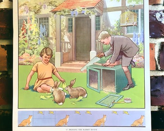 Vintage Mending The Rabbit Hutch school poster, Macmillan classroom print nursery wall art, boy and girl with bunnies in an English garden