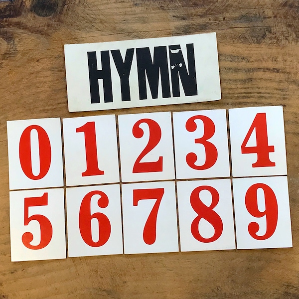 Vintage red church hymn numbers, full set of ten cards, for display or photography prop, junk journaling, wedding table setting