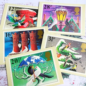 Weihnachten 1983 Briefmarken-Postkarten-Set, Vintage Post PQQ-Bildkarten von Vögeln im Schnee und eine Tuxedo-Katze, Geschenk zum Strumpffüller