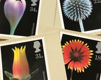 Vintage Flower Postage Stamp PHQ Postcard set, four floral Post Office picture cards with botanical artwork, gift for collector, journaling