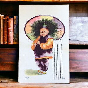 Carte postale vintage représentant un garçon chinois avec un parapluie, aquarelle d'Esther Hunt représentant un enfant du quartier chinois de San Francisco, carte d'art asiatique à collectionner