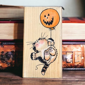 Spooktacular Party vintage Halloween rubber stamp, cat and pumpkin balloon by Margaret Sherry for Penny Black, used and wood mounted