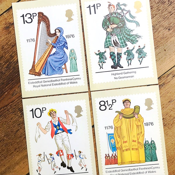 British cultural traditions postcards from the post office, vintage set of PHQ postage stamp picture cards, for collectors or snail mail