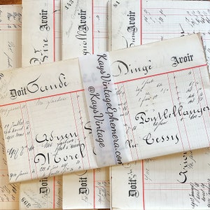 大きなアンティークの手書きのフランスの元帳用紙のページ、フランスのビンテージのジャンクジャーナルのエフェメラ、美しいスクリプト、カリグラフィーの手書き