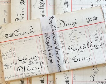 Large antique handwritten French ledger paper pages, vintage junk journal ephemera from France, beautiful script, calligraphy handwriting