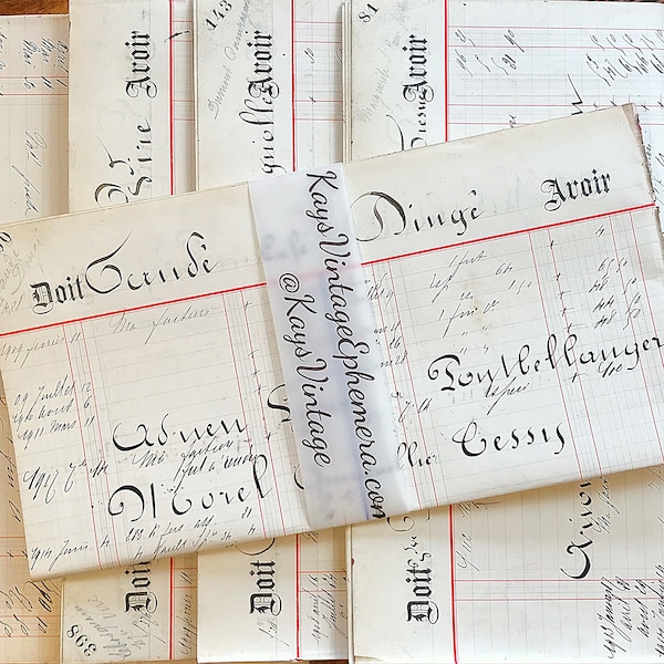 Large antique handwritten French ledger paper pages, vintage junk journal ephemera from France, beautiful script, calligraphy handwriting