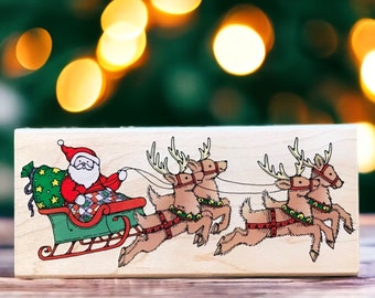 Santa And Reindeer rubber stamp, a vintage Hero Arts Christmas design, used and wood mounted, make your own holiday gift tags and cards