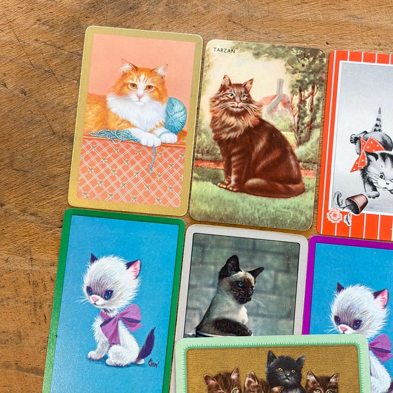 May include: A collection of rectangular playing cards featuring various cat illustrations. One card shows an orange cat with a blue ball of yarn, another depicts a brown cat labeled Tarzan, and others show kittens with bows or a Siamese cat against a brick wall.