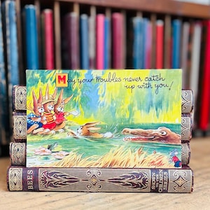 Comic Vintage Crocodile postcard by Arnold Taylor for Bamforth and Co, bunnies frog and mouse, artist signed card, the Merry Message series