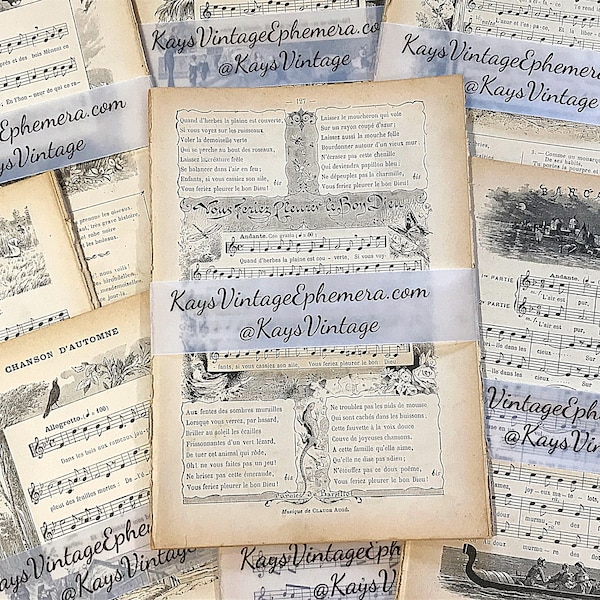 Vintage illustrated French sheet music, ephemera pack of 15 fabulous paper pages, for decoupage, junk journal supply and mixed media collage