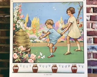 Vintage Macmillan school poster Take Care, children with a bee hive in the garden, the Projects and Pictures teaching series, nursery decor