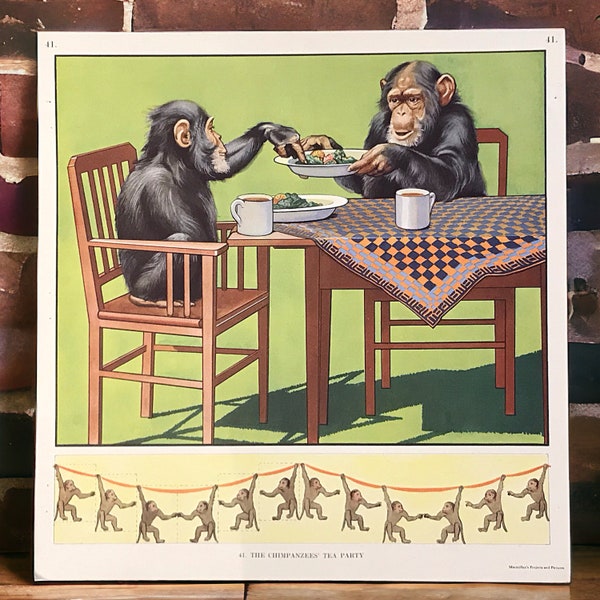 The Chimpanzees Tea Party vintage Macmillan school poster, from the Projects and Pictures infants teaching series, fun nursery wall decor