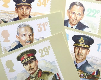Royal Air Force vintage PHQ postcard set from the Post Office, Postage Stamp Picture Cards of senior officers and planes, gift for collector