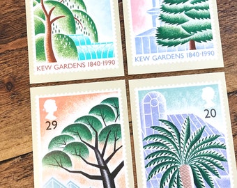 Kew Gardens vintage PHQ postcards set, Post Office picture cards featuring postage stamps with plants from the glasshouses, for collectors