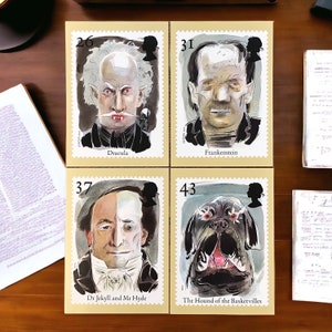 May include: A set of four postage stamps depicting illustrations of Dracula, Frankenstein, Dr Jekyll and Mr Hyde, and The Hound of the Baskervilles. Each stamp includes a number and the character's name.