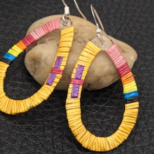 Native Lakota Quill Teardrop Hoop Earrings - Dyed porcupine quills woven around hide - Orange and Rainbow Hoops [LTP-073]