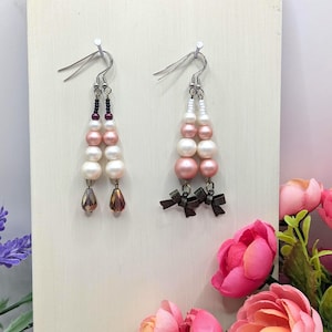 Lakota Drop Earrings Pearl Pink Mauve Bows Teardrops charms Sioux Native artist [JW-024][JW-025]