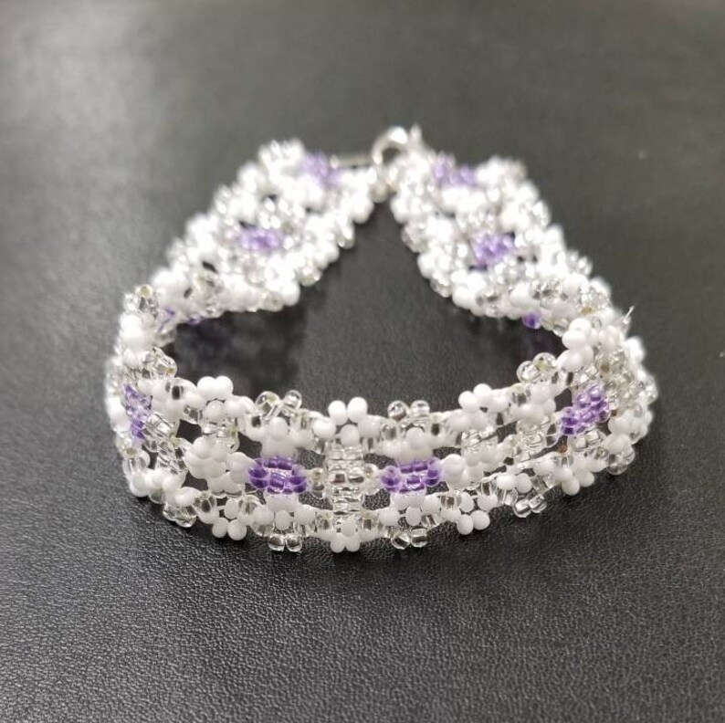 Lakota Sioux Daisy chain Beadwork Silver and Purple Bracelet TH-261 8 length Wedding Lace in White