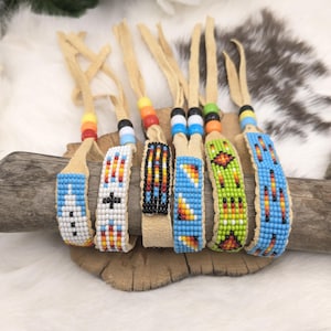 Bracelet Lakota Sioux Loom Beadwork Leather with pony bead tassels - blue, green, feather, cross [NH-392-393-394-395-396-397]