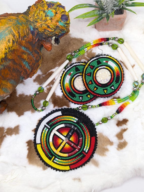 Lakota Sioux Beaded Medallion Necklace & Earrings Set: Native