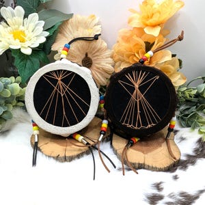 Lakota Sioux Miniature Drum Decorative leather designs and stitching with pony beads [PW-002][PW-004]