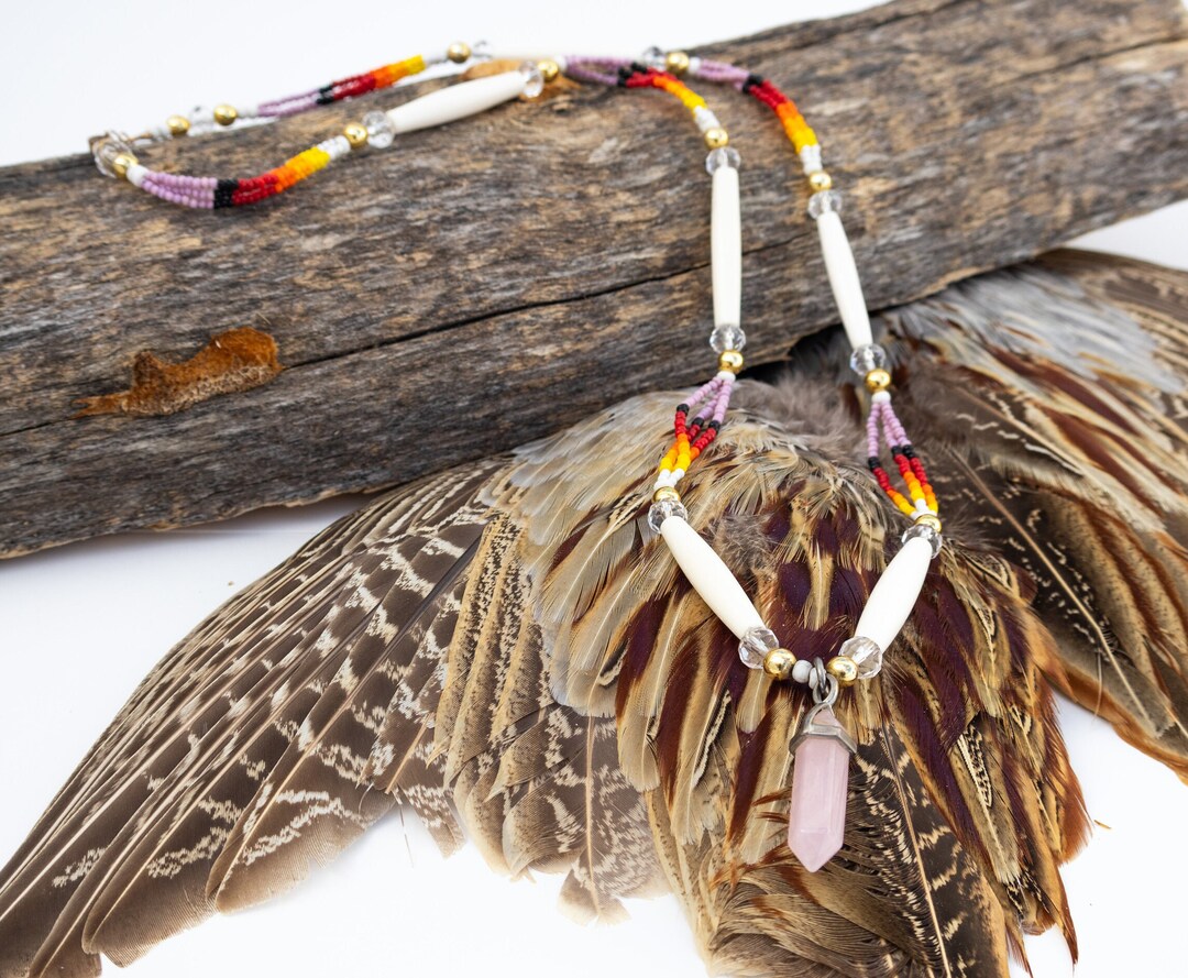 Necklace JC564 Native Lakota Sioux Beaded TRIPLE STRAND Pink, Sunburst