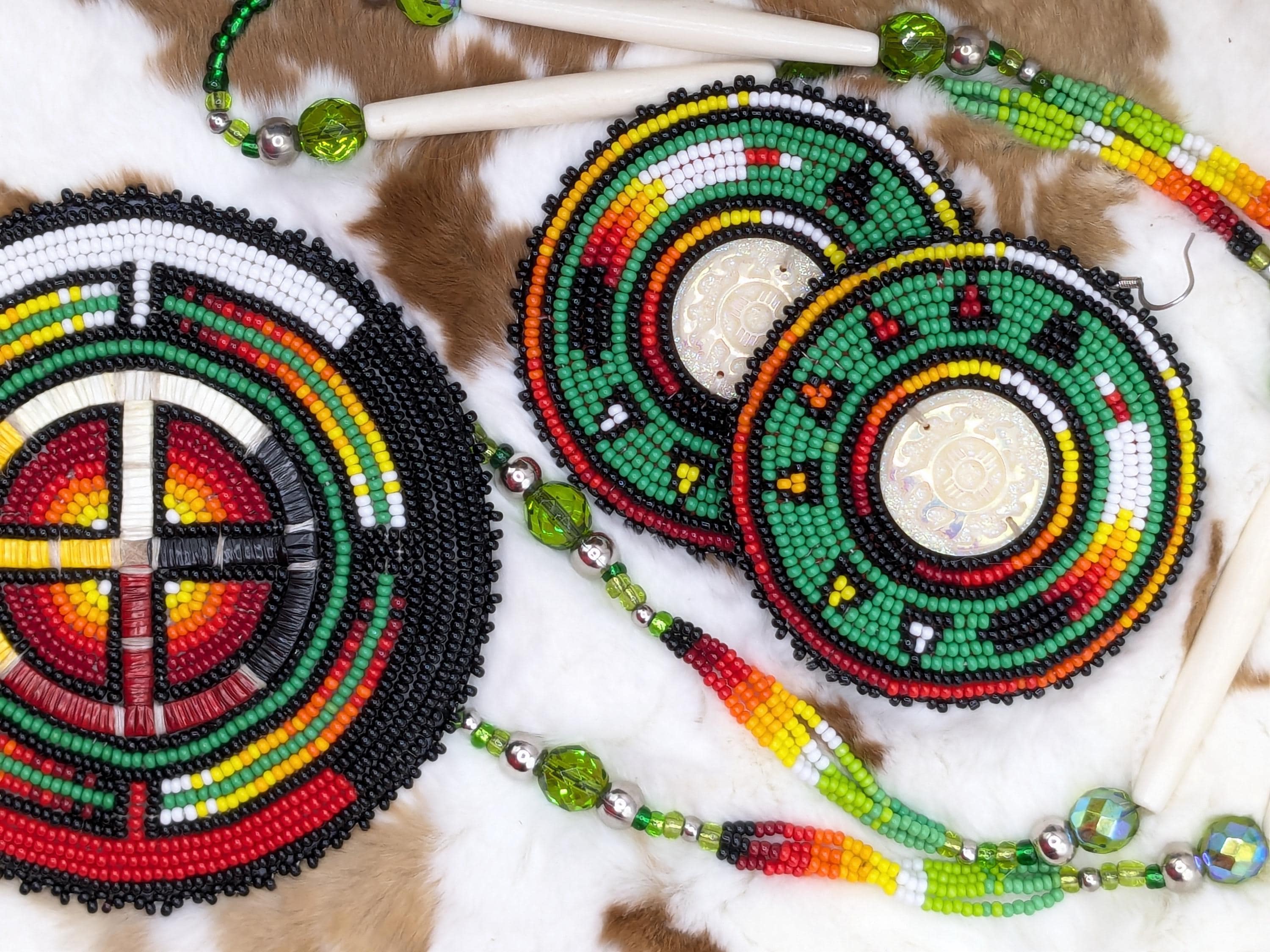 Lakota Sioux Beaded Medallion Necklace & Earrings Set: Native