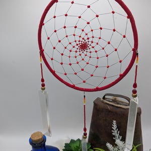 Lakota Dreamcatcher: Red Felt, Glass Crystals, Metal Beads, 6&quot;  [JC-617]