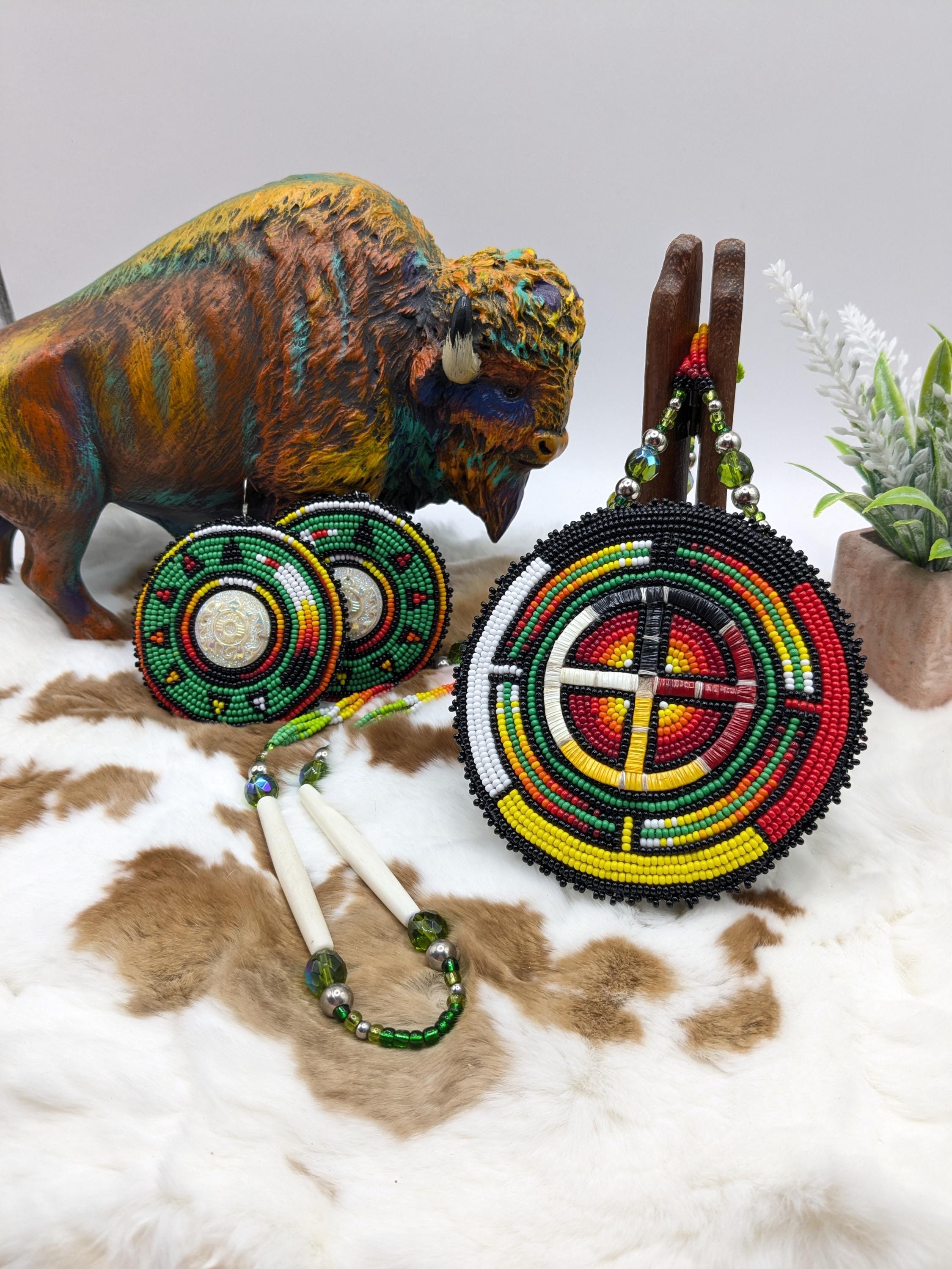 Lakota Sioux Beaded Medallion Necklace & Earrings Set: Native