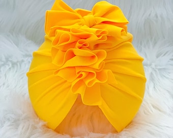 Swim - SUNNY YELLOW UPF50+ baby ruffle bow turban; baby hat; head wrap; bow; toddler turban headwear; beach pool sun protection accessories