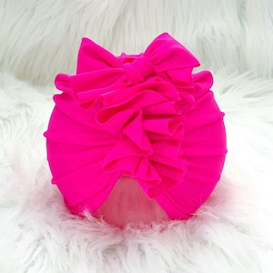 Swim - HOT PINK UPF50+ baby ruffle bow turban; baby hat; head wrap; bow; toddler turban headwear; beach pool sun protection hat