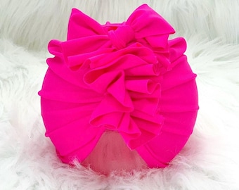 Swim - HOT PINK UPF50+ baby ruffle bow turban; baby hat; head wrap; bow; toddler turban headwear; beach pool sun protection hat