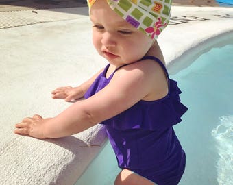 SWIM - COUNTRY FLORAL  stretch baby ruffle bow turban; baby hat; head wrap; big bow; toddler turban headwear; swimwear; swim hat