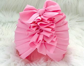 Swim - white PINK PUFF UPF50+ baby ruffle bow turban; baby hat; head wrap; bow; toddler turban headwear; beach pool sun protection hat