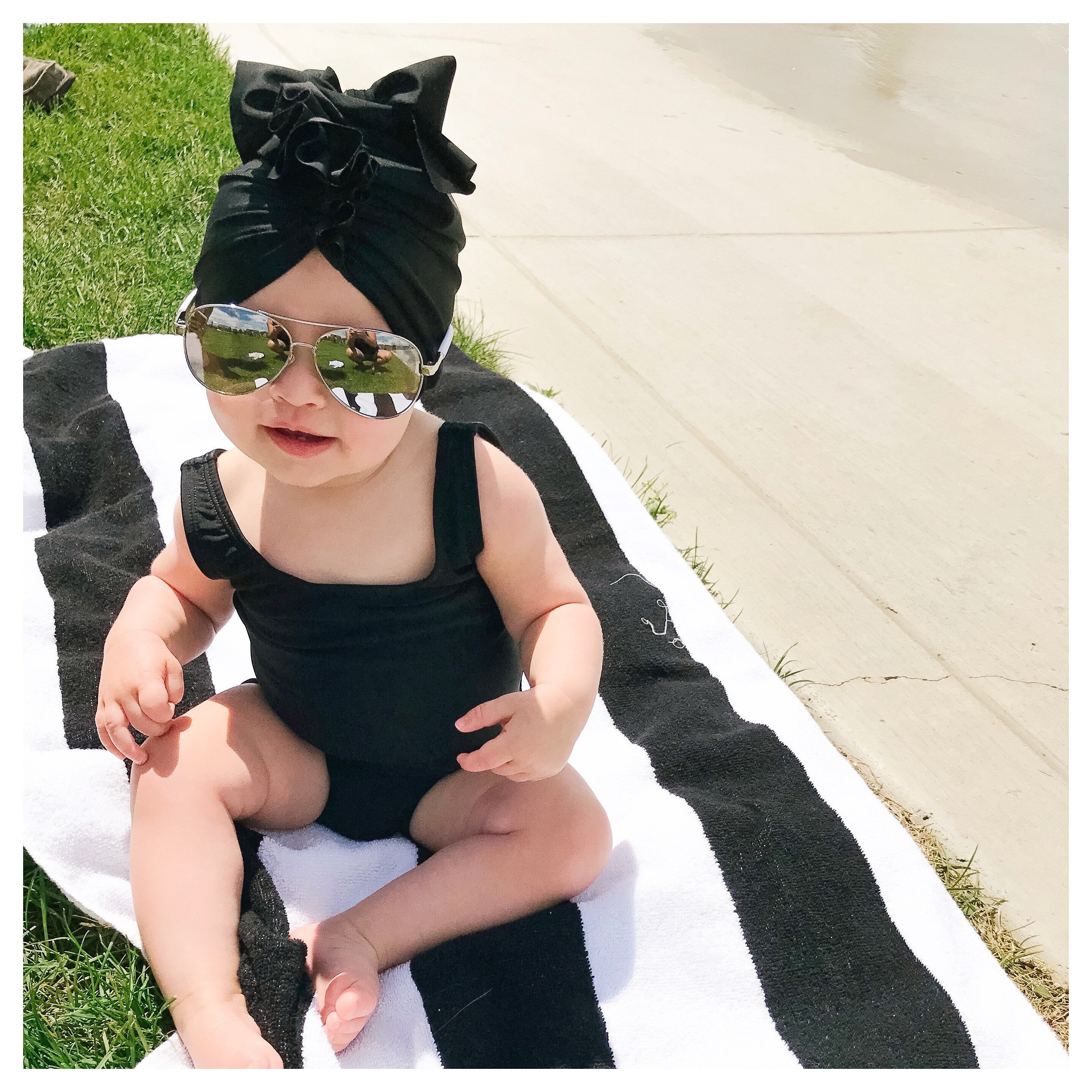 Swim - DIVA BLACK UPF50+ baby ruffle bow turban; baby hat; head wrap; bow; toddler turban headwear; beach pool sun protection accessories